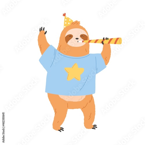 Happy sloth in birthday hat blowing in party blower. Cute funny animal celebrating holiday with noisemaker in paw. Baby character rejoicing. Flat vector illustration isolated on white background
