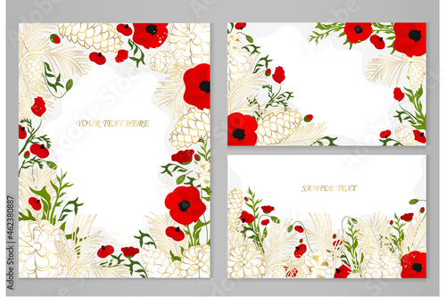 Set of vector postcards with red flowers and golden cones. Line art style. Vector background.