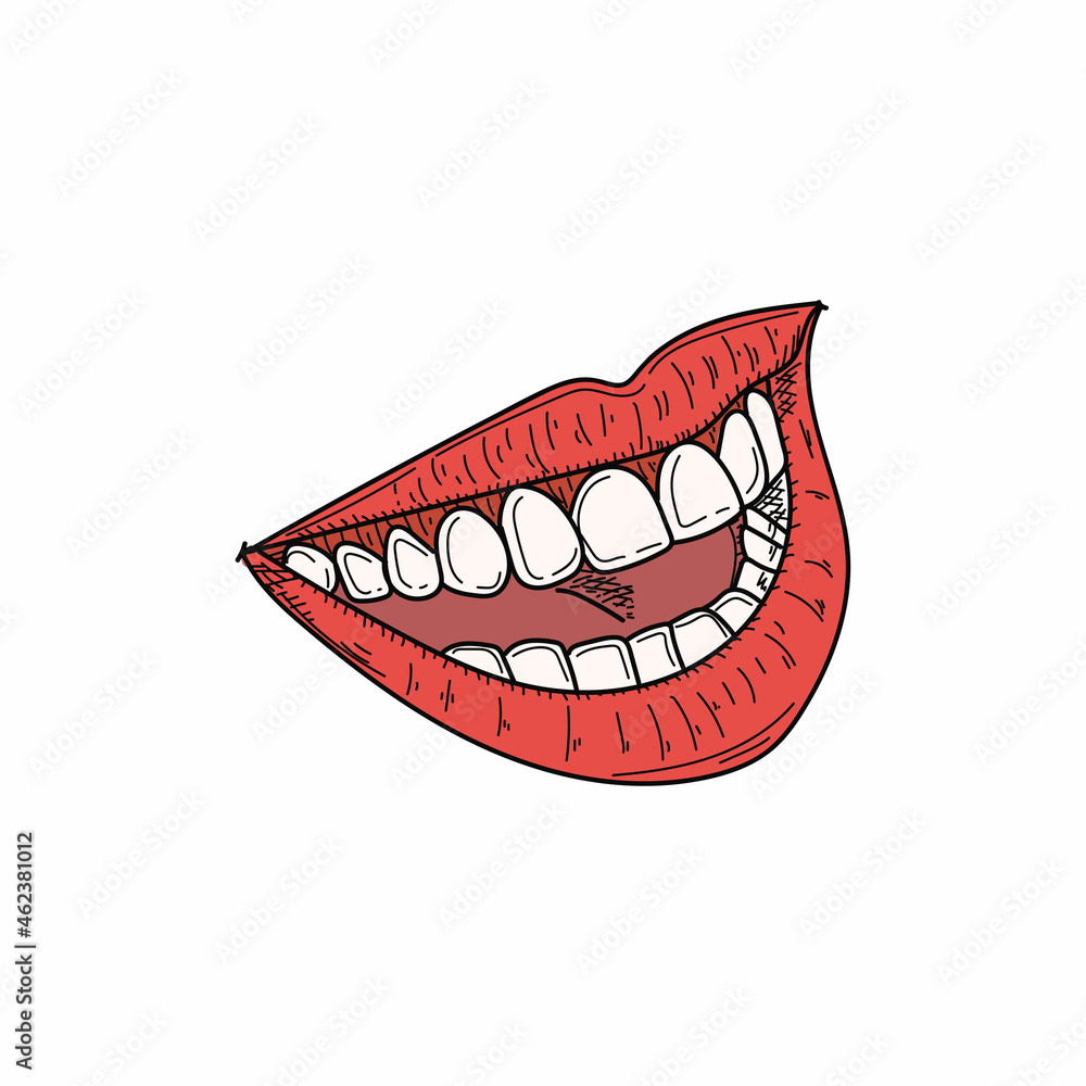 Obraz premium Drawing, engraving, ink, line art, vector illustration laughing mouth with great teeth colored sketch in silhouette on a white background.