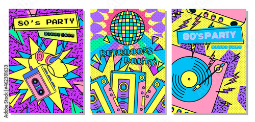 Color 80s Years Disco Style Concept Banner Poster Card Set. Vector illustration of Flyer Template Retro Party photo
