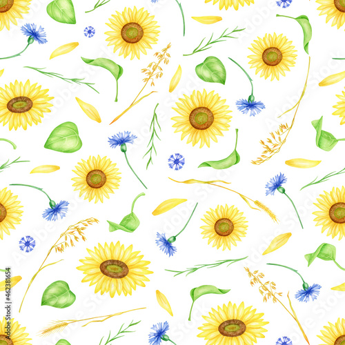 Watercolor flowers seamless pattern. Hand painted sunflowers, cornflowers, leaves, petals and wheat spikelets illustration. Wildflowers repeated background isolated on white for wrapping, fabrics © Olya Haifisch