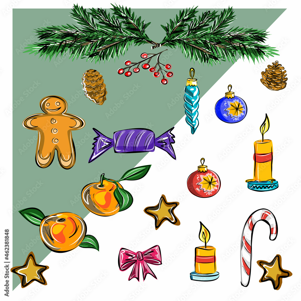 Merry Christmas and a Happy New Year design for banner, frame. Christmas ginger bread, candles, lollipops, tree branches, tree toys, oranges, gifts. Isolated vector objects. Merry Christmas and a Happy New Year design for banner, frame. Christmas ginger bread, candles, lollipops, tree branches, tree toys, oranges, gifts. Isolated vector objects.