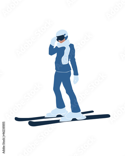 Faceless abstract woman in ski. Winter holiday activities. Female in winter stylish outfit. Modern vector illustration isolated on white background
