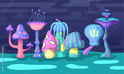 Cartoon Color Fantasy World Landscape Scene Concept Flat Design Style. Vector illustration of Psylocubin Mushrooms Unusual Plant on Background