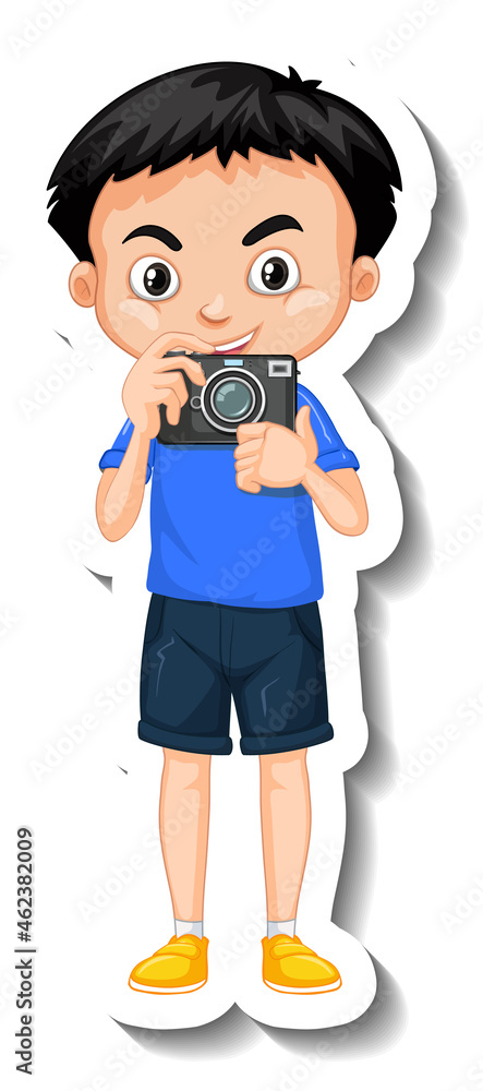 Boy holding camera cartoon character sticker Boy holding camera cartoon character sticker