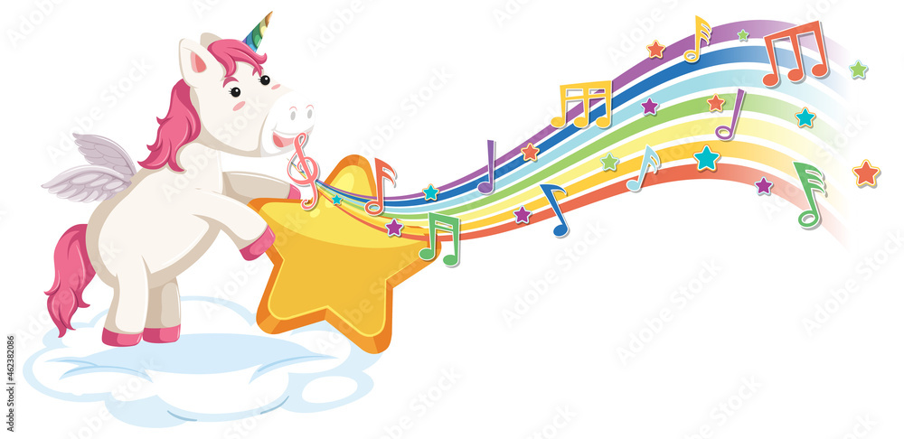 Fototapeta premium Cute unicorn holding star with melody symbols on rainbow