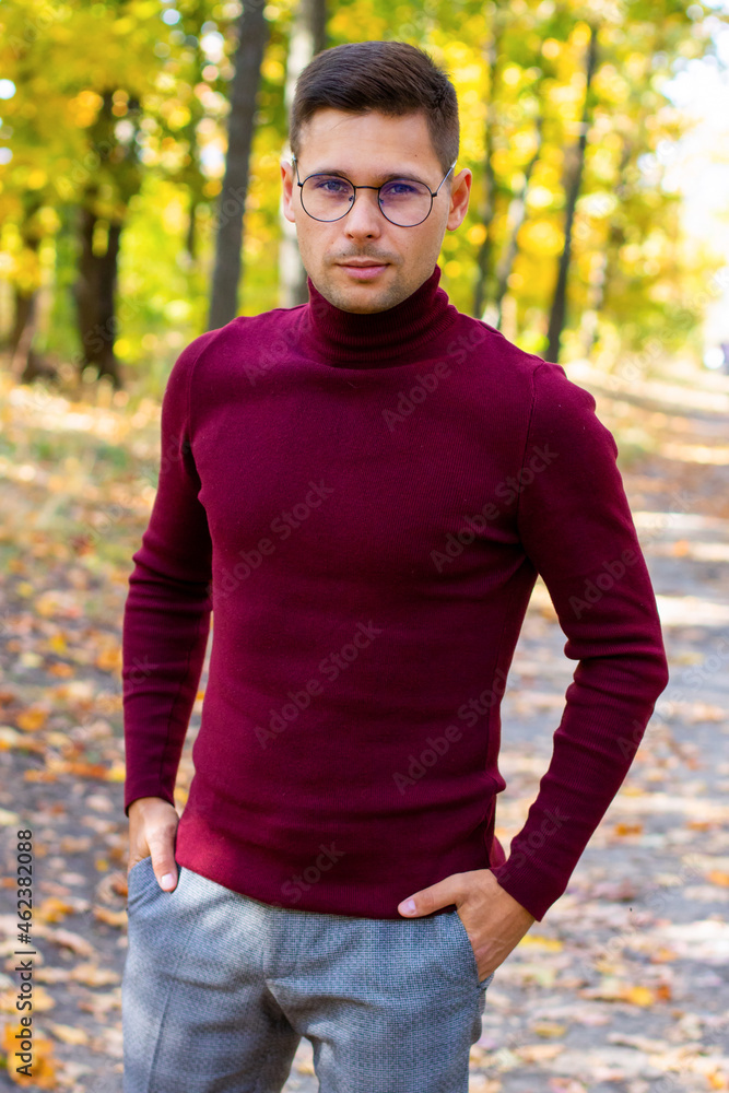 Man in red turtleneck in the forest, Man in red turtleneck