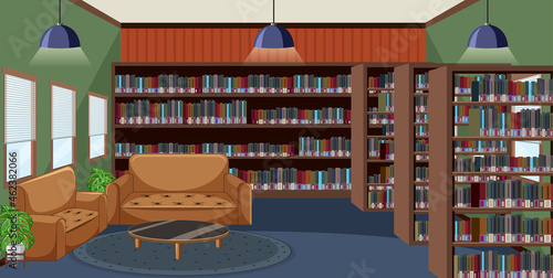 Empty library interior design with bookshelves