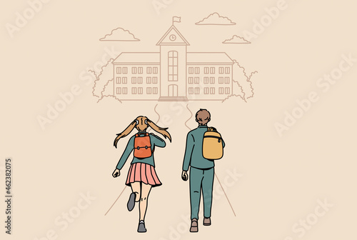 Back to school and education concept. Small boy and girl running backwards to school feeling positive and happy vector illustration 