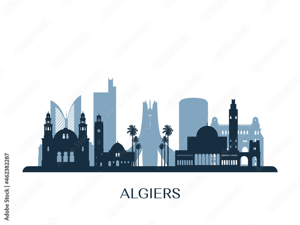 Algiers skyline, monochrome silhouette. Vector illustration.