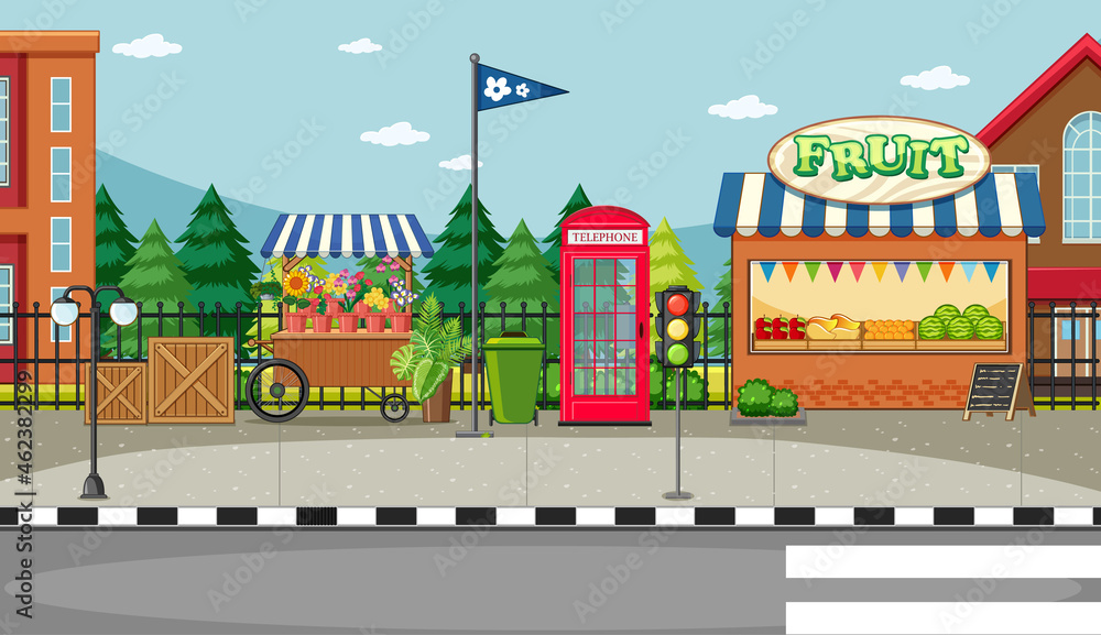 Street side scene with flower cart and fruit shop scene