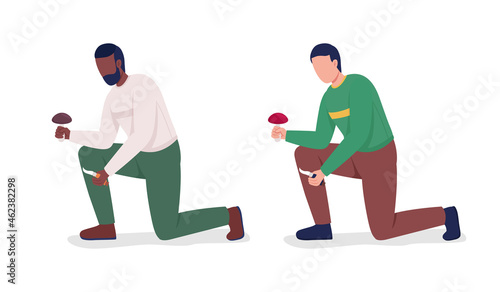 Man picking mushroom semi flat color vector characters set. Posing figures. Full body people on white. Fall isolated modern cartoon style illustration for graphic design and animation pack