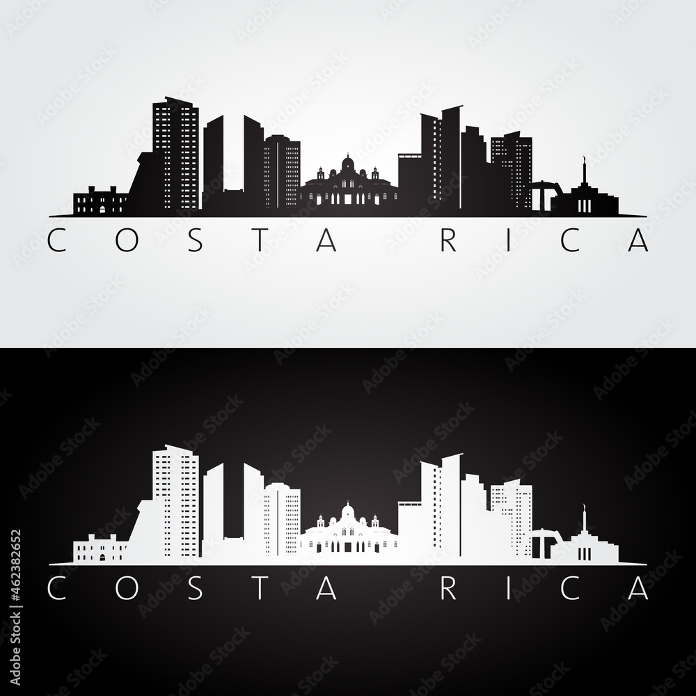 Costa Rica skyline and landmarks silhouette, black and white design, vector illustration.