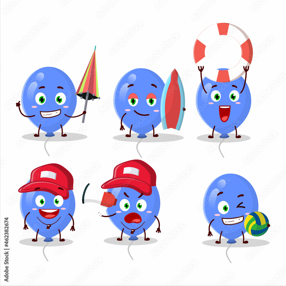 Happy Face blue balloons cartoon character playing on a beach Happy Face blue balloons cartoon character playing on a beach