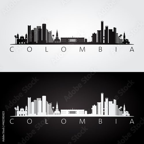 Colombia skyline and landmarks silhouette, black and white design, vector illustration.
