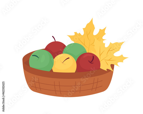 Fall apple basket semi flat color vector objects. Autumn seasonal fruits. Full item on white. Autumnal harvest isolated modern cartoon style illustration for graphic design and animation