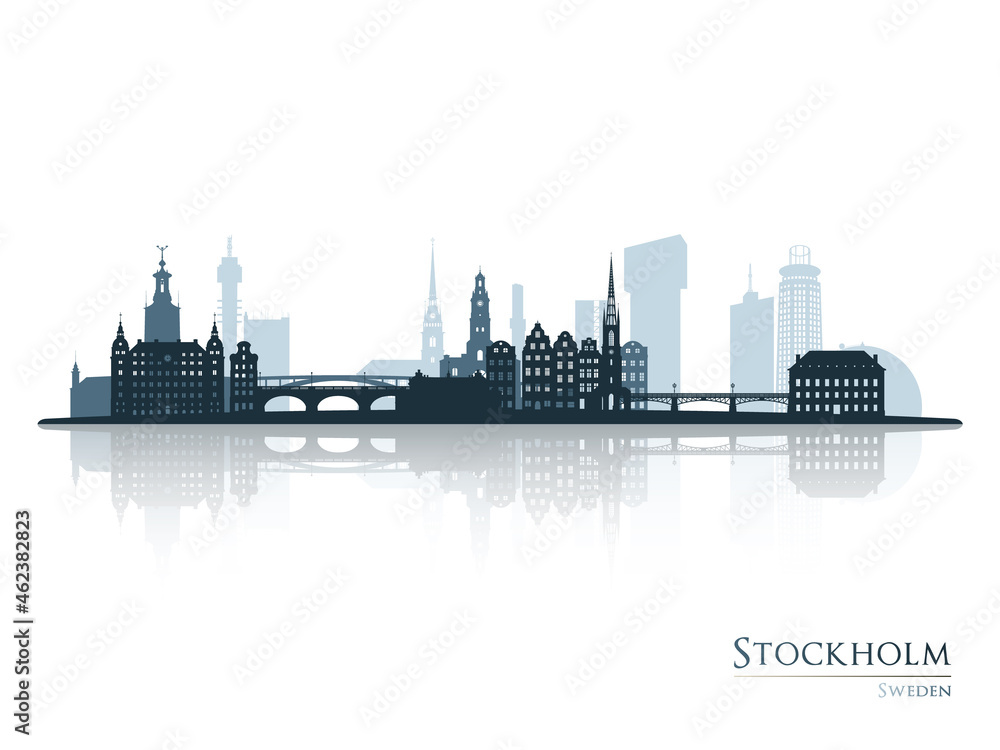 Stockholm skyline silhouette with reflection. Landscape Stockholm, Sweden. Vector illustration.