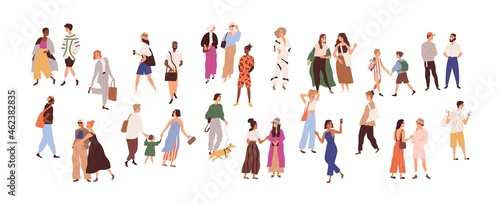Men, women and kids walking in crowd of happy people outdoor. Diverse couples, friends talking and meeting on street. Colored flat graphic vector illustration of society isolated on white background
