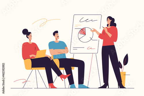 Vector illustration depicting a group of businesspeople listening to the trainer, coach, speaker at seminar. Editable stroke © rikkyal