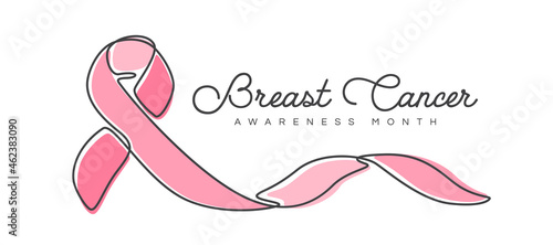 Breast cancer awareness month text and handwritten pink ribbon line symbol vector Design