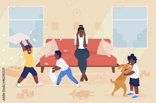 Stress of motherhood flat color vector illustration. Naughty kids making mess in living room. Tired mom with loud children 2D cartoon characters with household interior on background