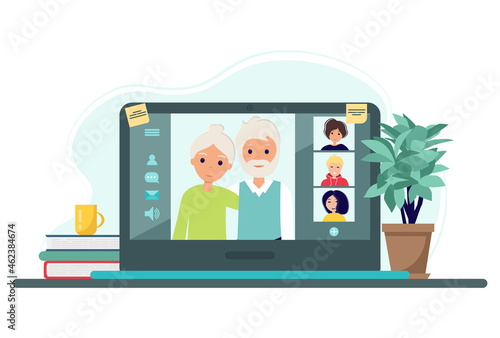 Grandparents communicate via video chat with their loved ones. Family meeting online. Vector illustration in flat style
