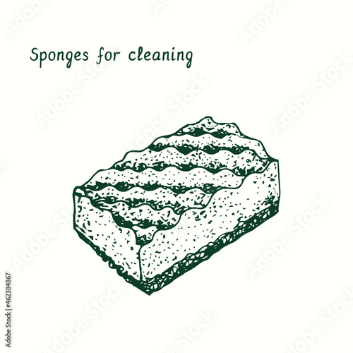 Sponges for cleaning. Ink black and white doodle drawing in woodcut style.