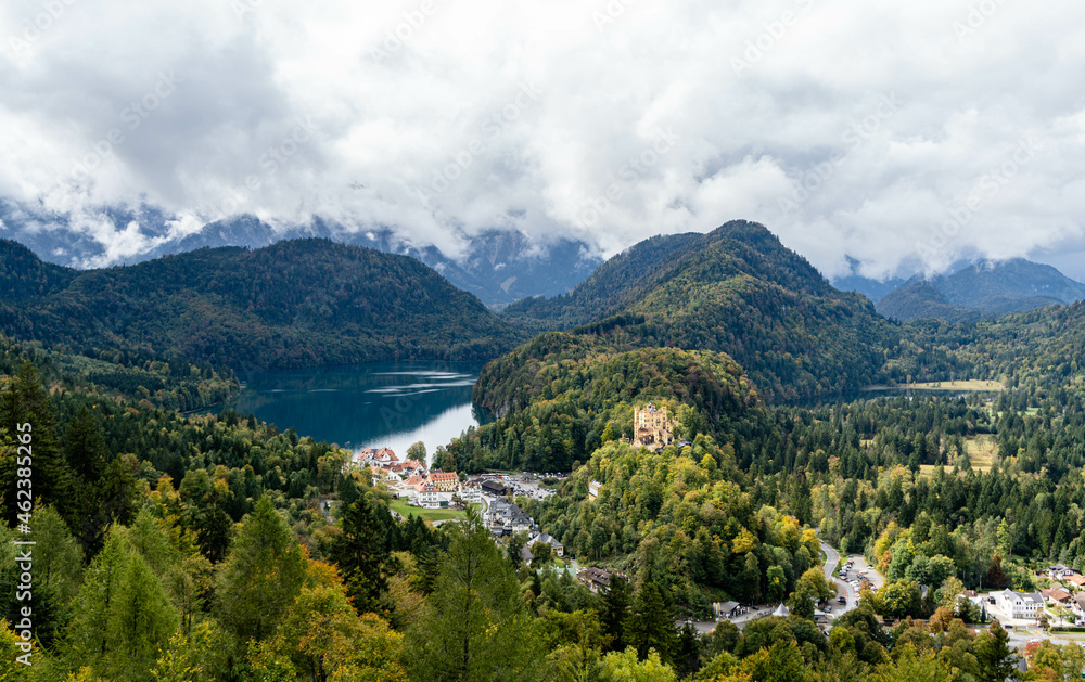 areal view or view from the balcony of Neuschwanstein castle, view over the Alpsee lake Hohenschwangau