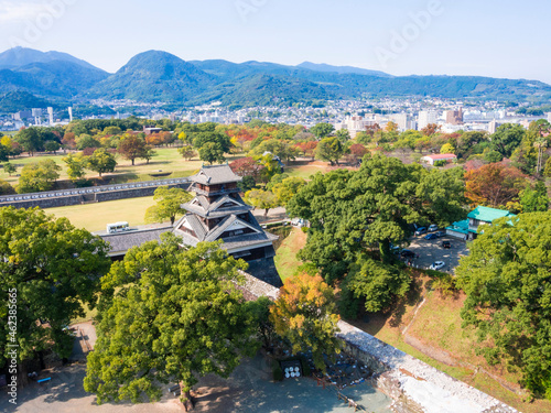 Aerial view of Kumamoto cityscape in Kyushu  Japan.