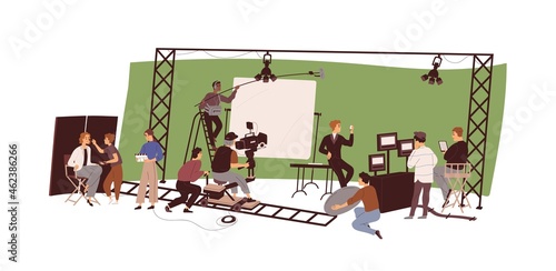 Director, cameraman, actors at film-making process. People with cameras of video production industry, recording movie in studio. Flat vector illustration of TV staff isolated on white background
