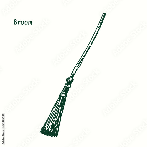 Broom. Ink black and white doodle drawing in woodcut style.