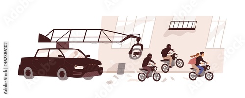 Backstage of film-making process with professional camera on crane and actors outdoors. Action movie shooting. Video and cinema production scene. Flat vector illustration isolated on white background