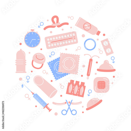 Birth control methods. Contraception colored flat icons in circle. Set of vector elements for safe sex. Female and male contraceptive items. Vector flat style illustration.