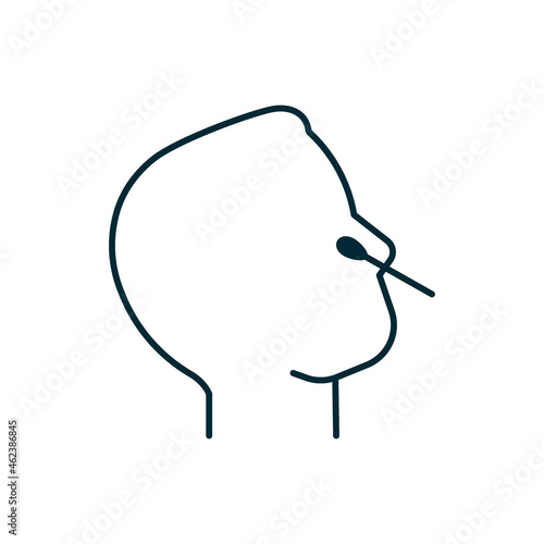 Nose pcr swab test for COVID-19, line icon. Nasal probe for fast analysis on check presence covid. Face man profile and medical stick. Vector sign