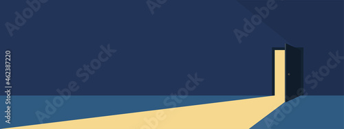 Half open secret door new opportunities concept vector, fear of the unknown, step inside the future.