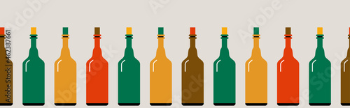Seamless border made of multi-colored bottles. Vector illustration.