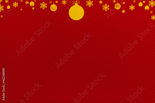 Golden snowflakes and christmas balls on a molded pressed metal toned in classic christmas red, copy space for logo, industrial background, christmas background, banner, minimal decor, simple photo