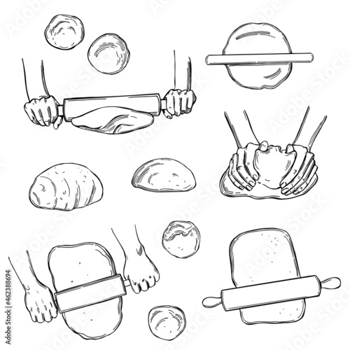 Dough set, hands rolling the dough.  Sketch  illustration.