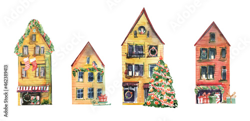 Watercolor winter houses, Christmas decorated street, Christmas decor illustration, Gifts and Christmas tree cute houses fr greeting card
