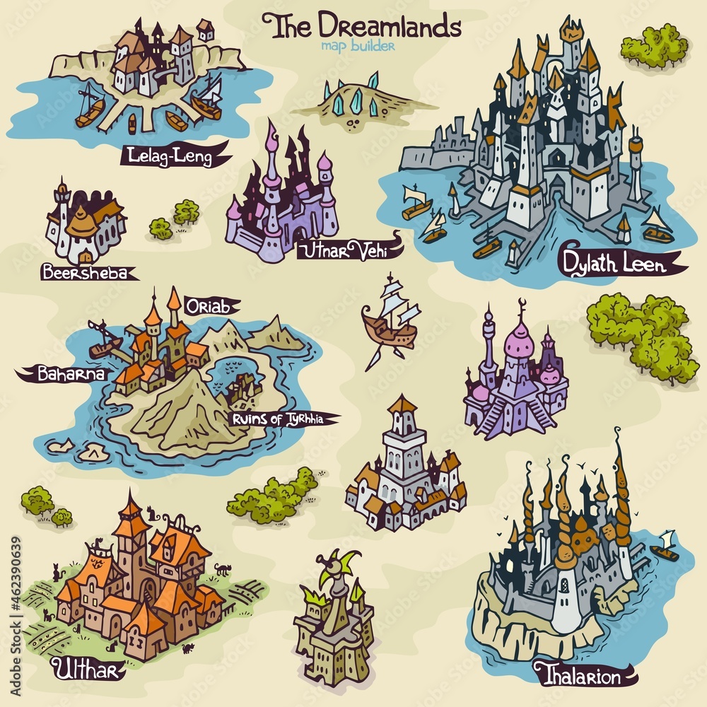 Map builder settlement illustrations from H. P. Lovecraft fiction realm word The Dreamlands - obrazy, fototapety, plakaty 