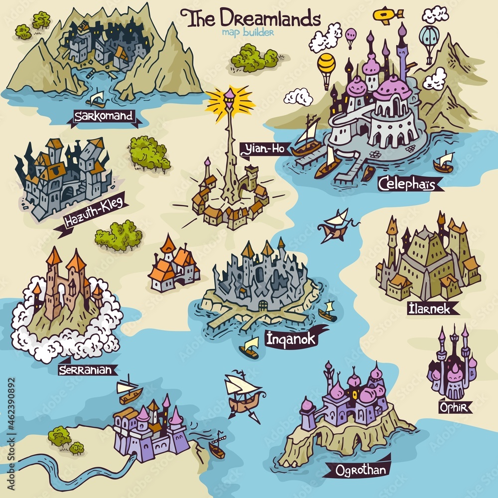 Map builder settlement illustrations from H. P. Lovecraft fiction realm word The Dreamlands - obrazy, fototapety, plakaty 