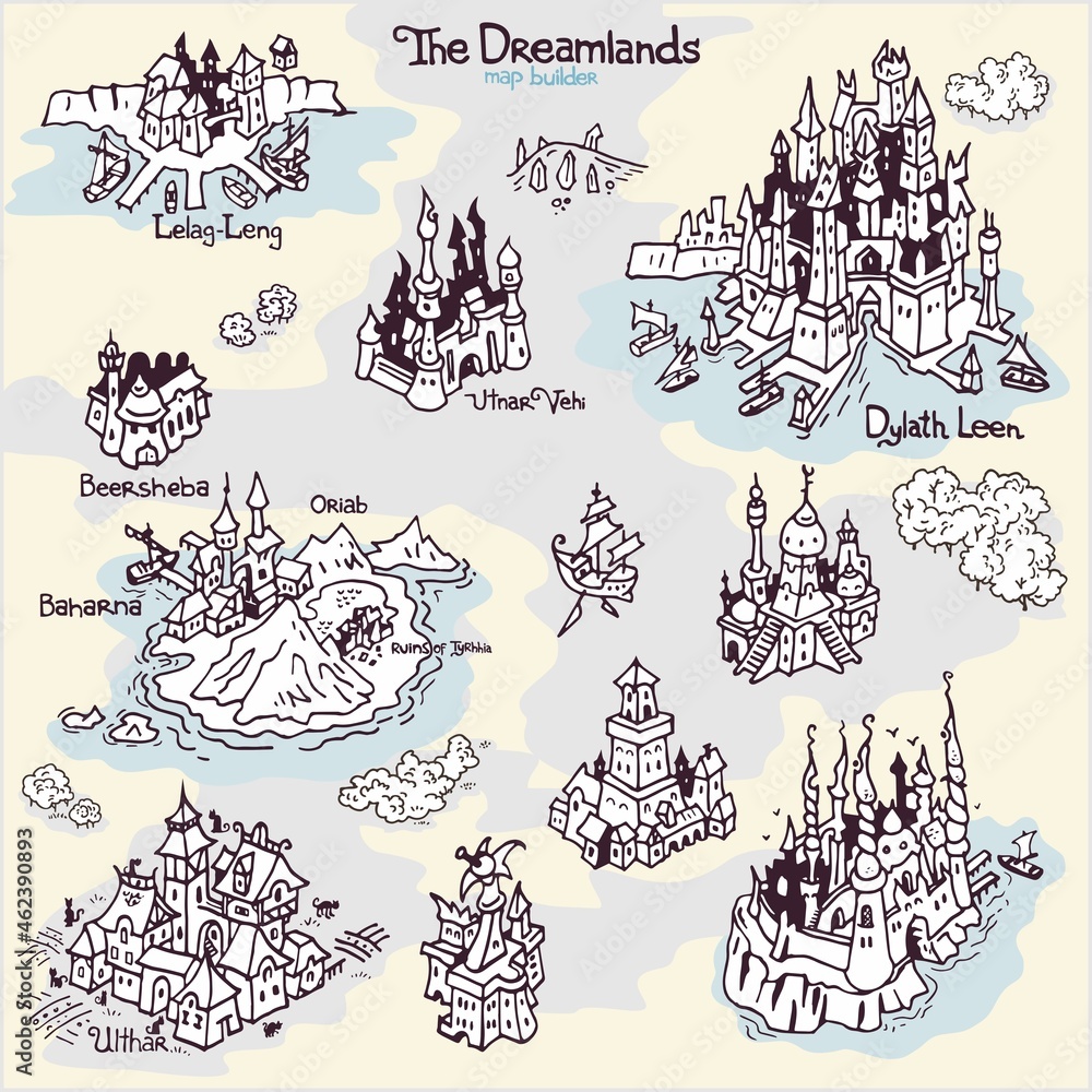 Map builder settlement illustrations from H. P. Lovecraft fiction realm word The Dreamlands line art - obrazy, fototapety, plakaty 