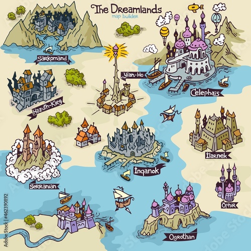 Map builder settlement illustrations from H. P. Lovecraft fiction realm word The Dreamlands