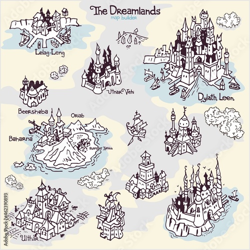 Map builder settlement illustrations from H. P. Lovecraft fiction realm word The Dreamlands line art