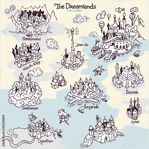 Map builder settlement illustrations from H. P. Lovecraft fiction realm word The Dreamlands line art