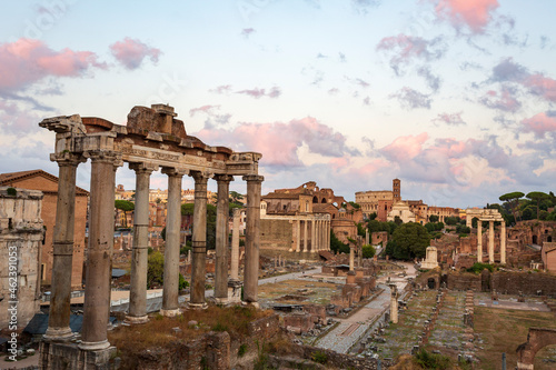 Imperial forums in Rome at night. the Roman Forum, an open-air museum