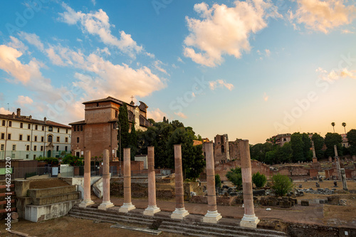 Sunset at the imperial forums in Rome. History landscapes of the Roman Empire