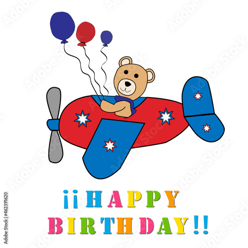 Felicitación de cumpleaños con un osito montado en avioneta.	