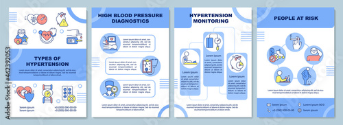 Hypertension types brochure template. High blood pressure diagnosis. Flyer, booklet, leaflet print, cover design with linear icons. Vector layouts for presentation, annual reports, advertisement pages