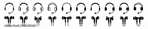 Media player music speaker, Headphones, Customer service or customer support headset or headphones flat icons set. photo